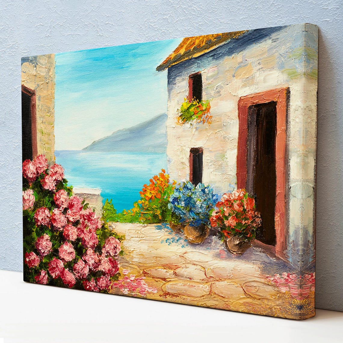 Mediterranean Stone Cottage With Flowers Beautiful Seaside Art Poster