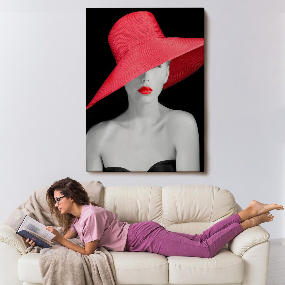 Elegant Woman Red Wide Brim Hat Red Lipstick Black White Fashion Print - Image 3