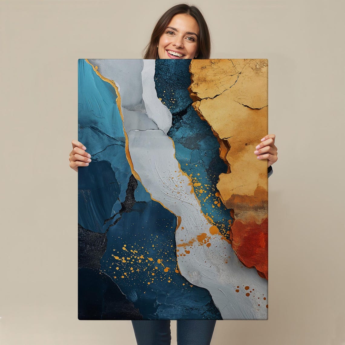 Teal Blue Gold Marble Abstract Modern Textured Wall Art Painting - Image 4