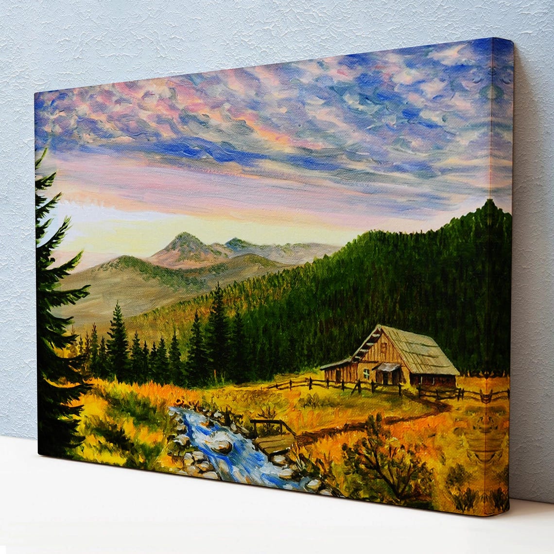 Pine Forest Mountain Cabin Stream Sunset Sky Landscape Travel Poster