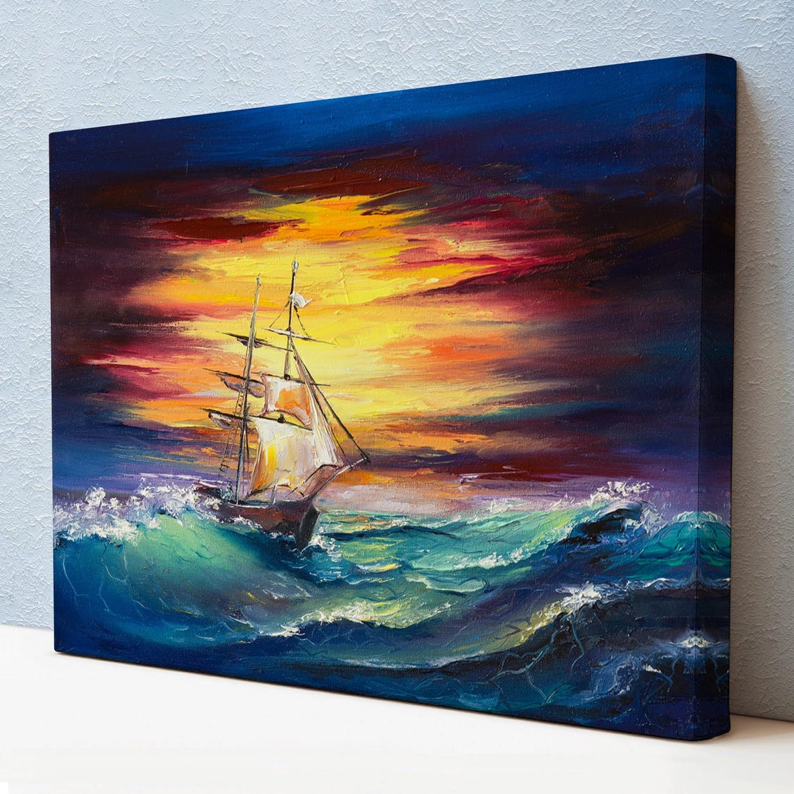 Sailing Ship on Stormy Sunset Teal Waves Dramatic Sky Wall Art