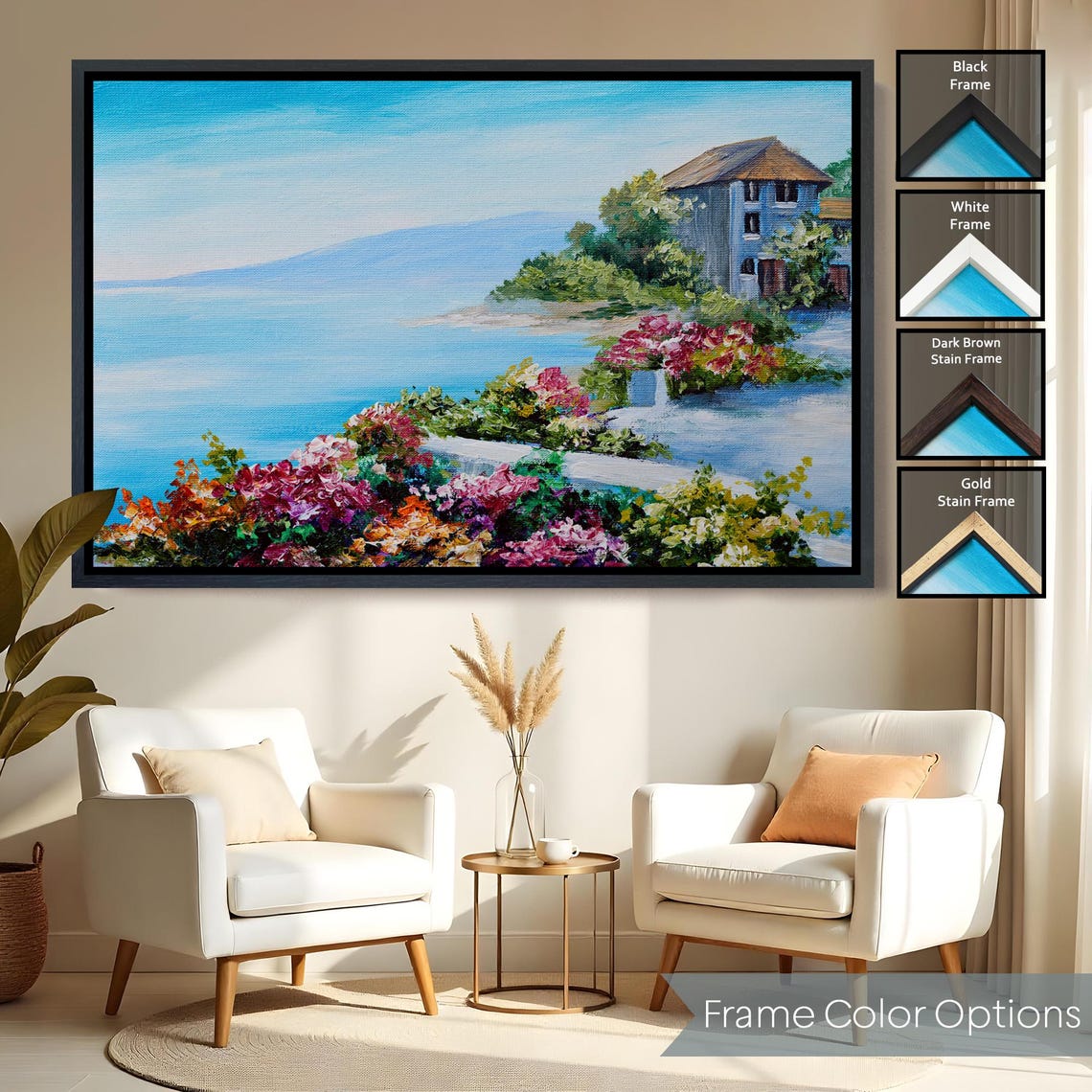 Seaside House Among Bright Flowers Blue Ocean Coast View Poster - Image 2