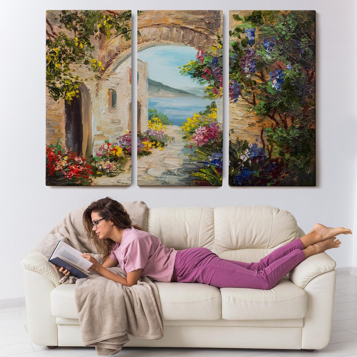 Mediterranean Stone Archway Flowering Vines Sea View Painting Poster - Image 3