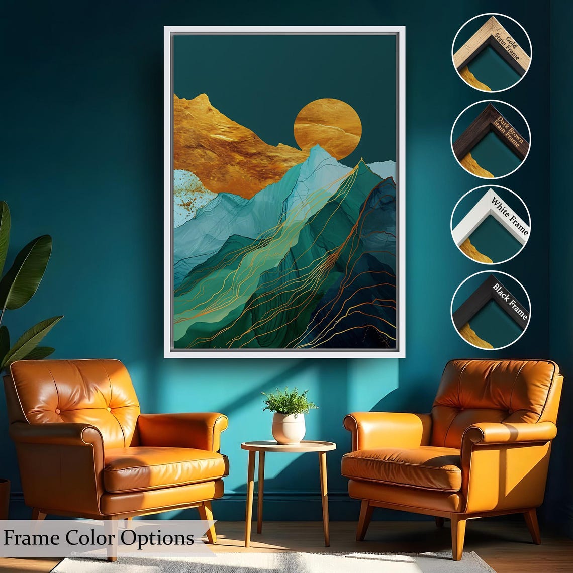 Teal Gold Abstract Mountains Sunset Modern Geometric Art Poster - Image 2