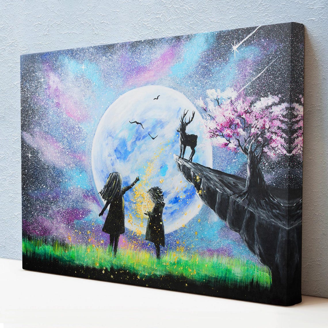 Children Under Giant Full Moon Deer Cherry Blossom Starry Night Poster