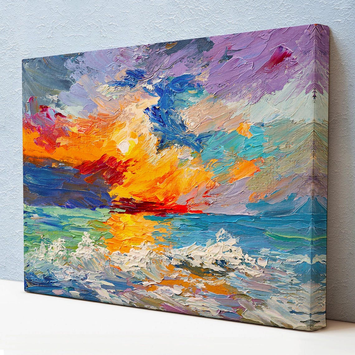 Sunset Over The Ocean Impasto Waves Dramatic Sky Oil Art Poster