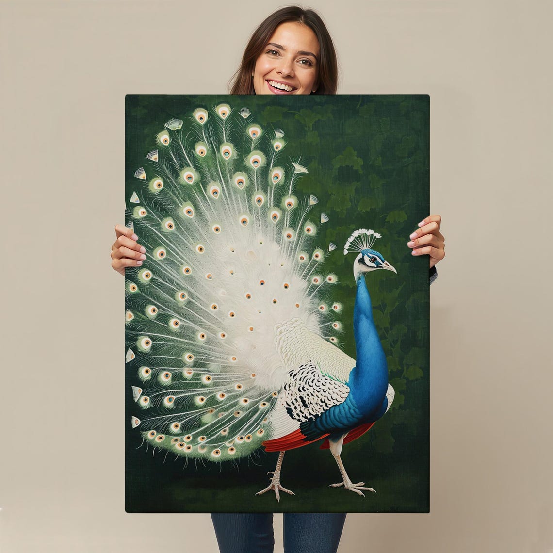White Peacock Full Tail Fan Elegant Nature Painting Fine Wall Art - Image 4