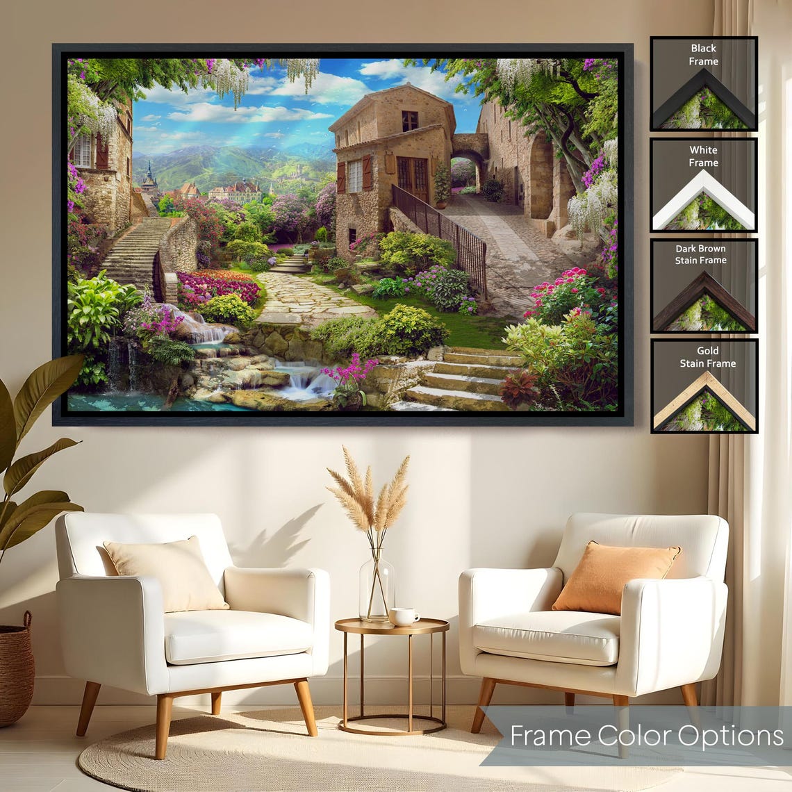 European Village Stone Houses Waterfall Flower Gardens View Poster - Image 2