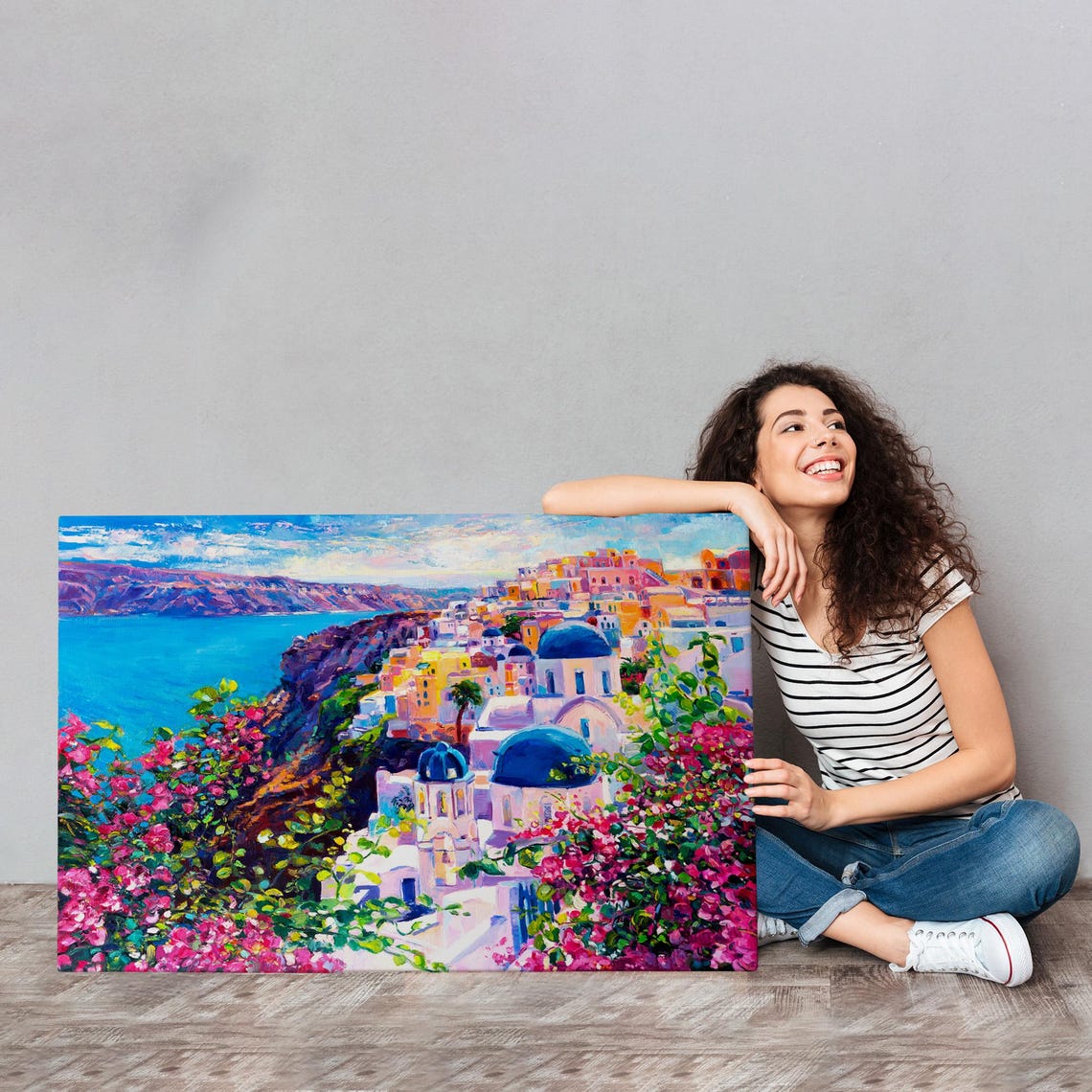 Santorini Greece Blue Domes Bougainvillea Caldera View Colorful Poster - Image 4