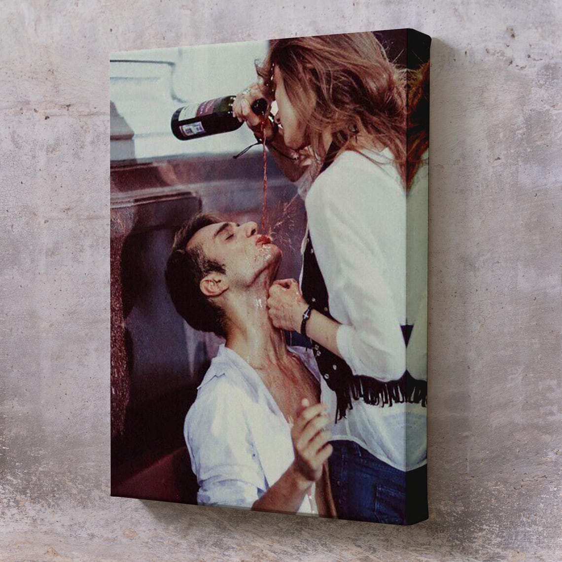 Couple Sharing Red Wine Playful Kiss Romantic Photography Poster