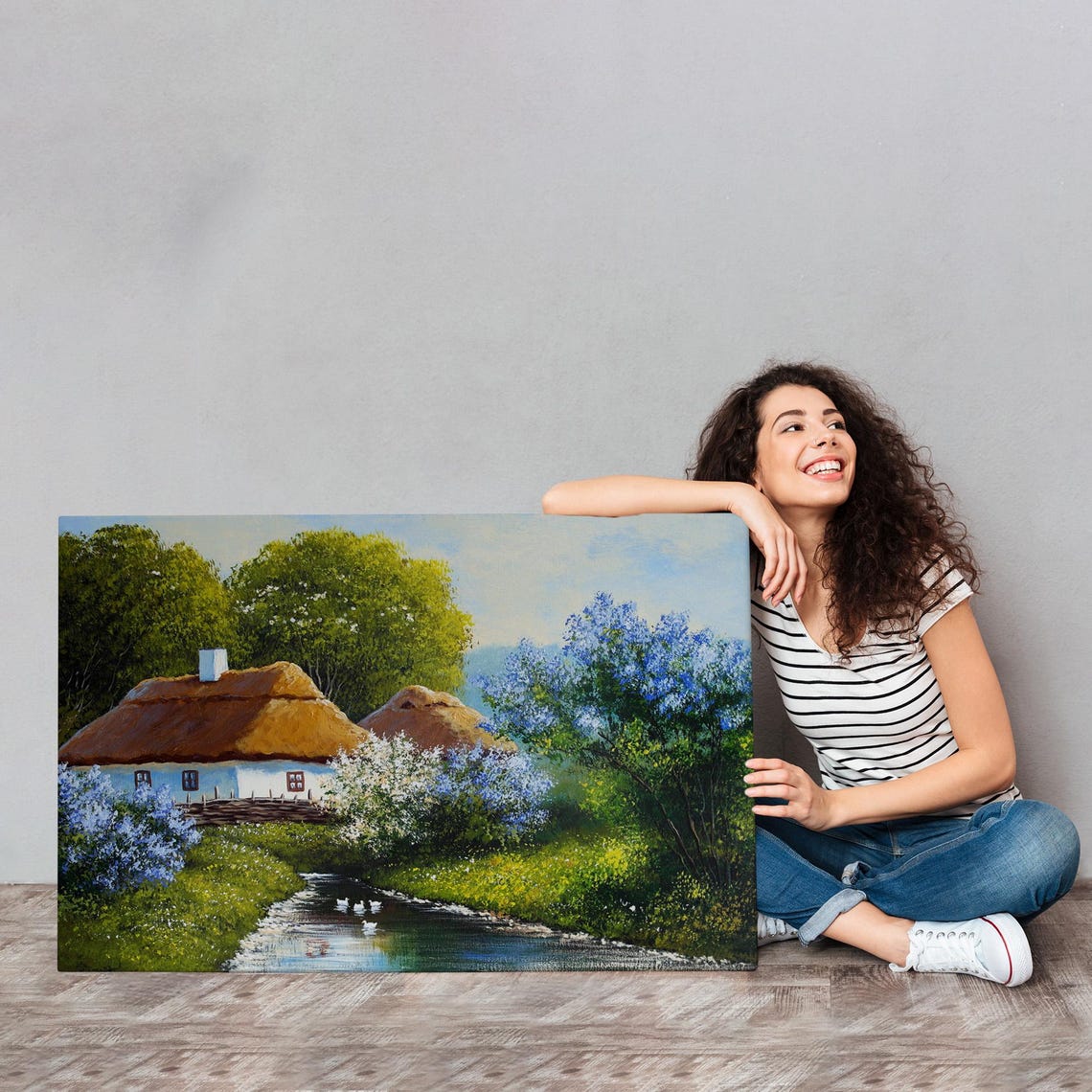 Thatched Roof Cottage By The Stream Lilac Garden Ducks Poster - Image 4