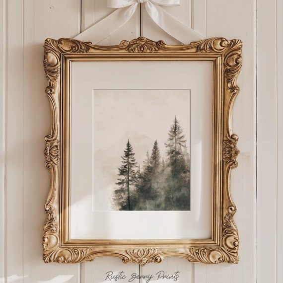 Rustic Trees Landscape Farmhouse Painting Wall Art Mountains Vintage Print Cottagecore Art
