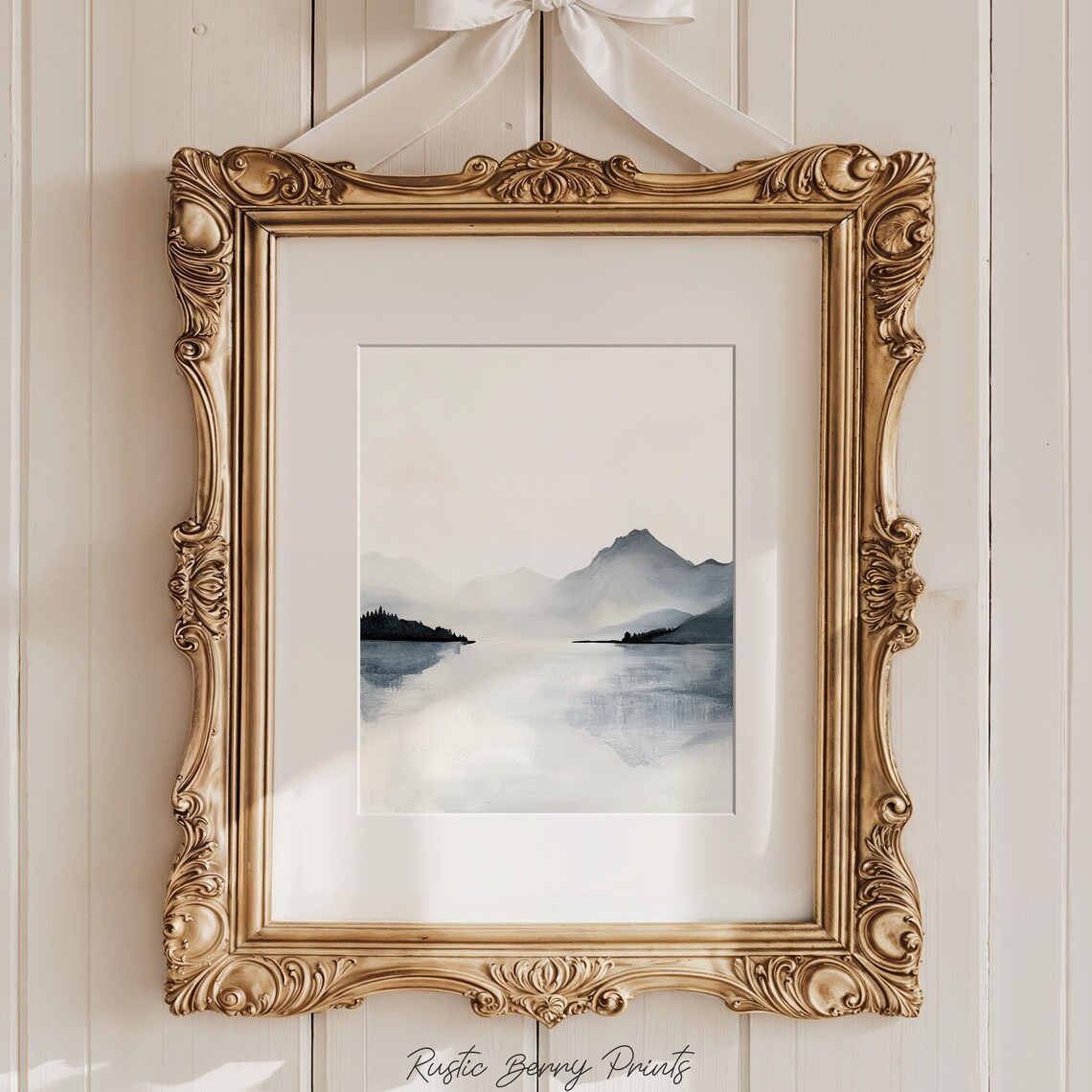 Minimalist Misty Mountains Calm Water Watercolor Painting Print
