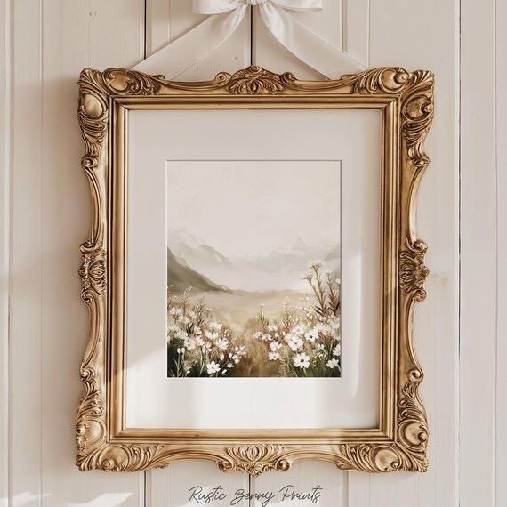 Rustic Landscape Mountains Painting Wall Art Vintage Print Warm Tones Cottagecore Academia Art