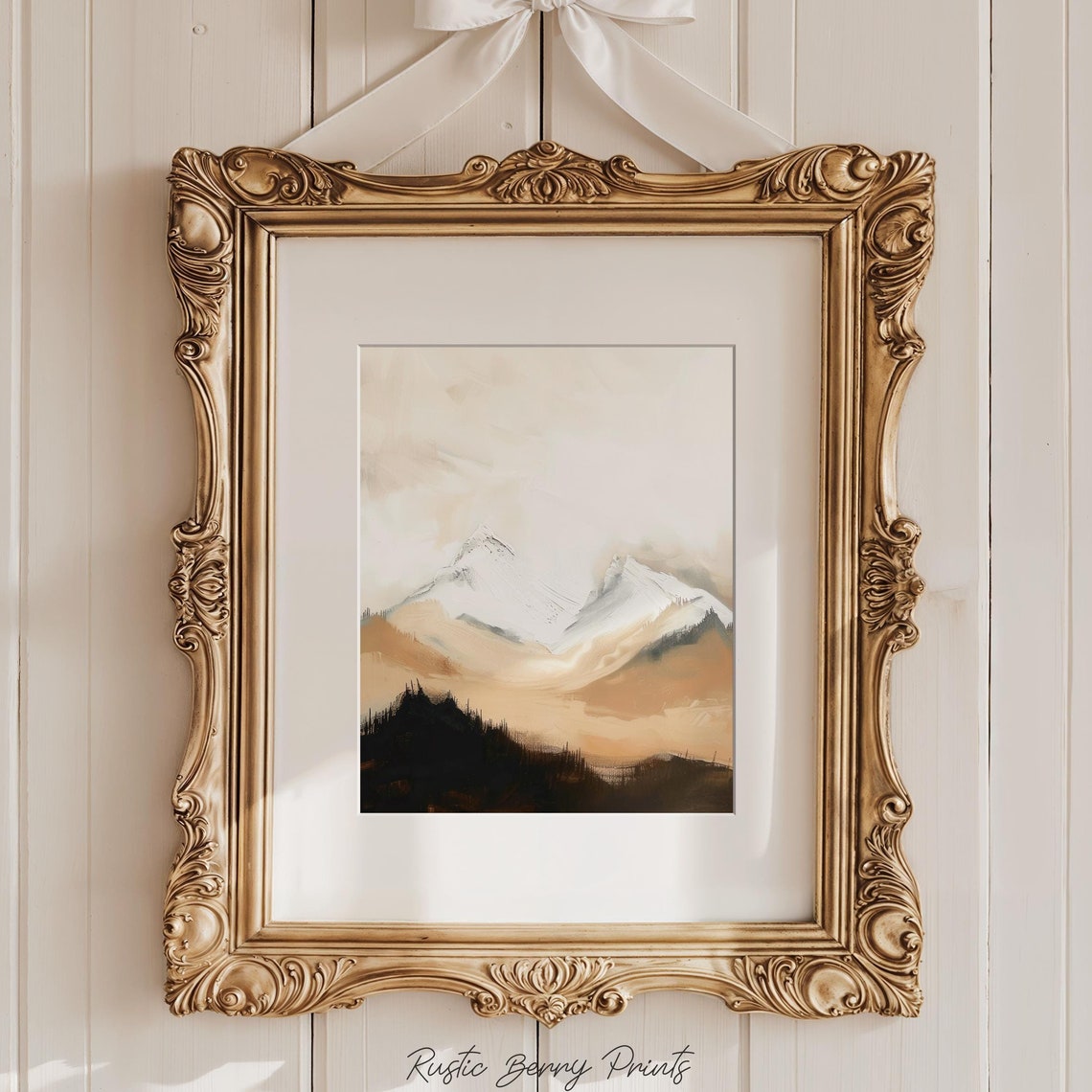 Snowy Mountain Peaks Golden Hills Abstract Landscape Wall Art