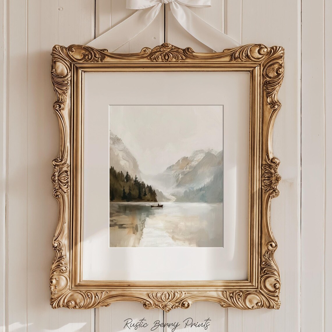 Misty Mountain Lake Boat Watercolor Landscape Painting Print
