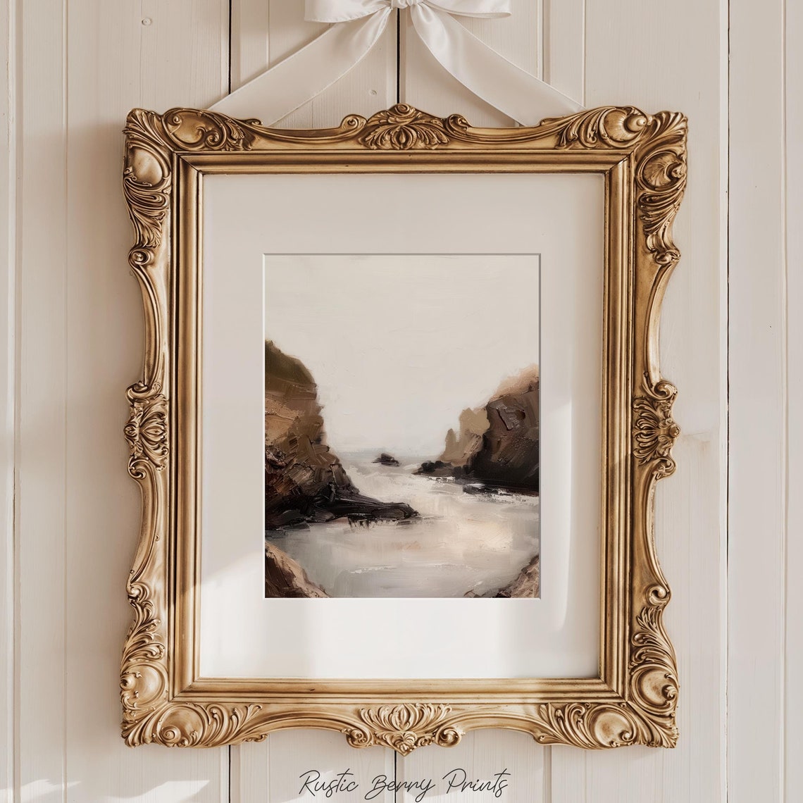 Moody Coastal Cove Dark Cliffs Misty Neutral Sea Vintage Art Poster