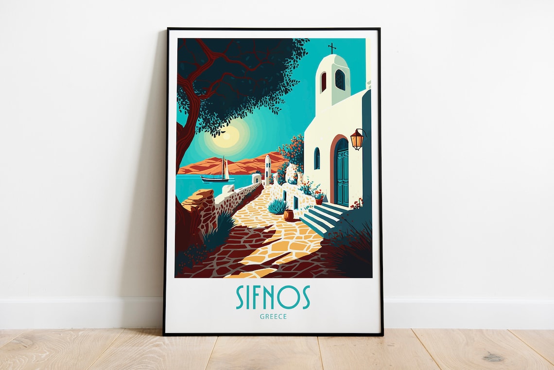 Sifnos Greece Island Travel Poster Vintage Seaside Village Art