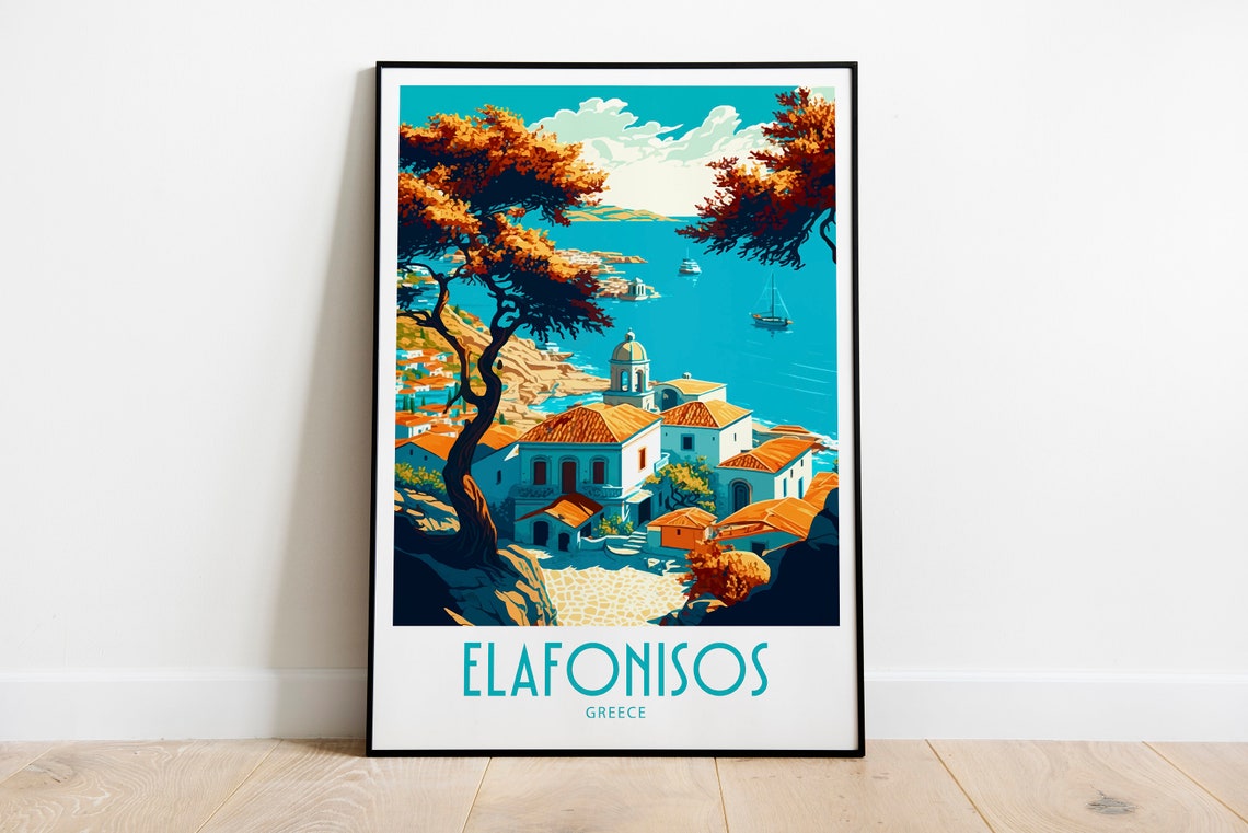 Vintage Elafonisos Greece Travel Poster Overlook Village Coast Art