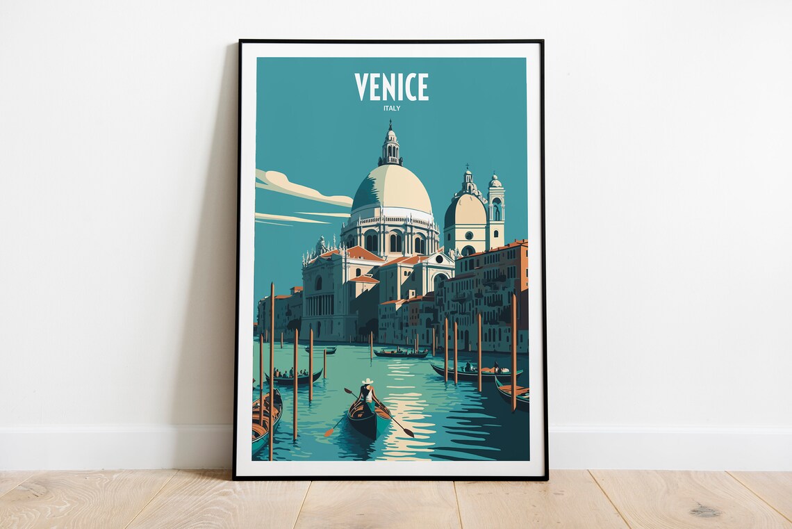 Venice Italy Grand Canal Gondolas Basilica Vintage Travel Poster