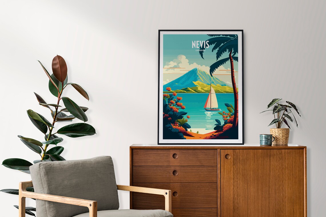Nevis Caribbean Sailboat Tropical Island Mountain Peak Travel Poster - Image 2