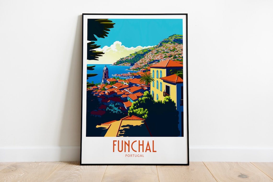 Funchal Portugal Hillside Coastal Town Vintage Travel Poster