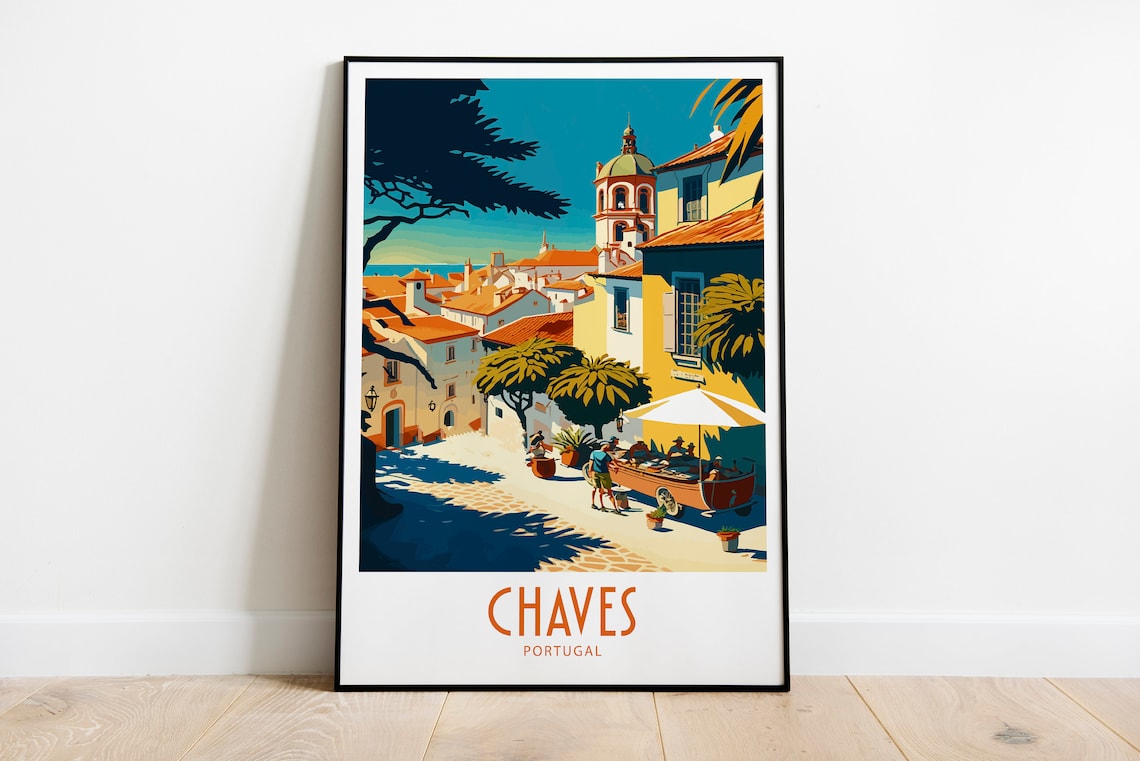 Chaves Portugal Market Square Old Town Vintage Travel Poster