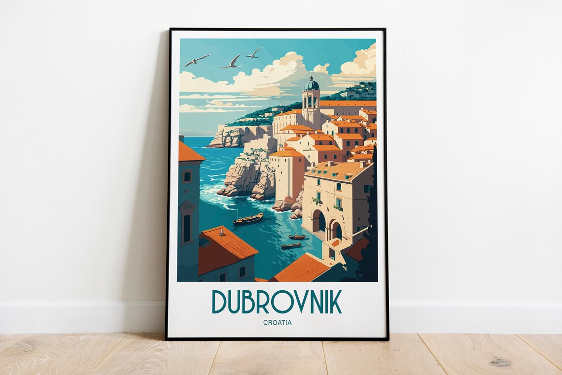 Dubrovnik Croatia Old Town Seaside Cliffs Vintage Travel Poster