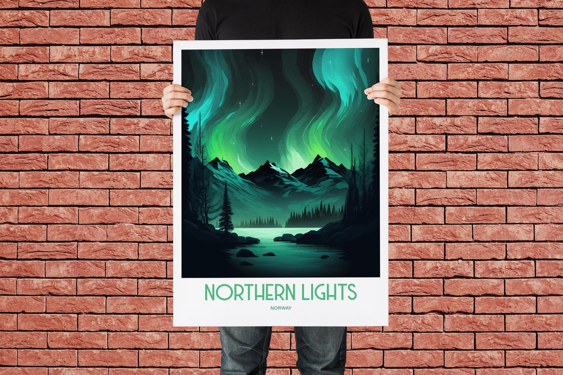 Northern Lights Norway Aurora Green Snowy Peaks Travel Poster - Image 3