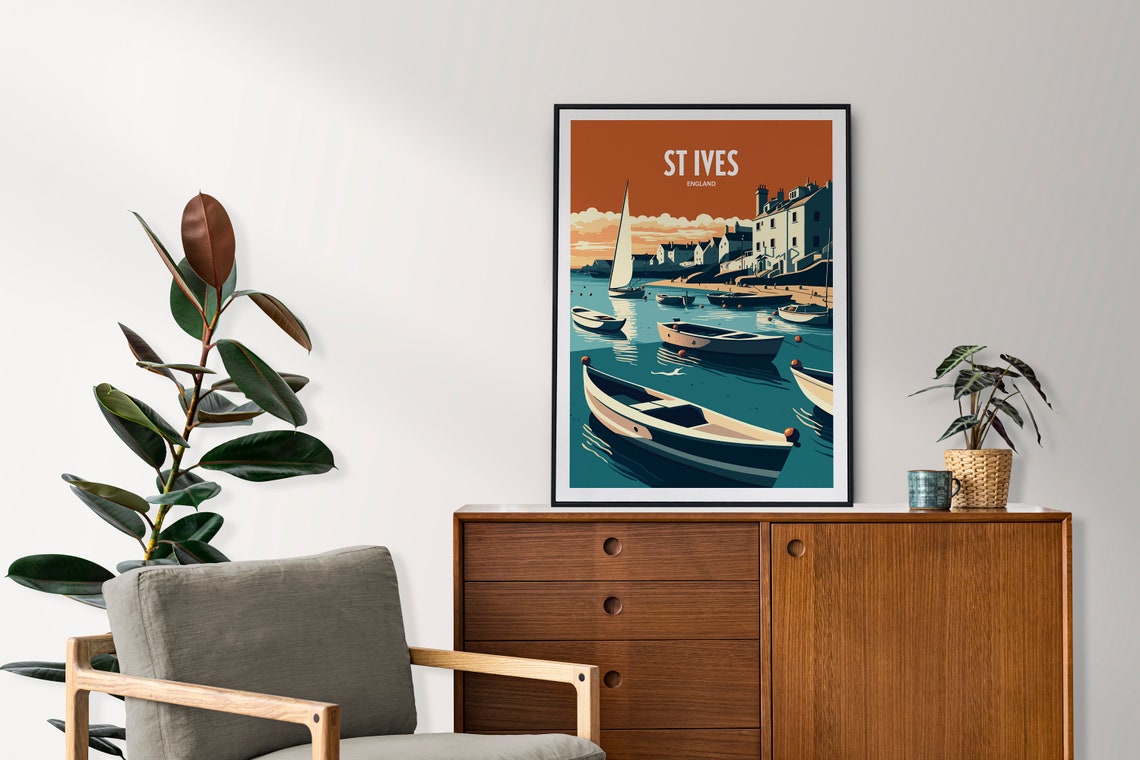 St Ives England Harbor Sunset Sailboat Top Text Vintage Travel Poster - Image 2