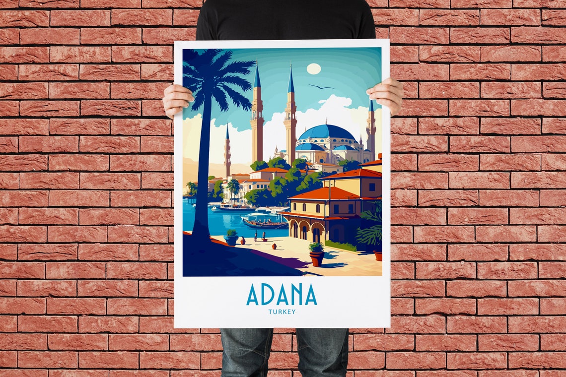Adana Turkey Grand Mosque Minarets Waterfront Vintage Travel Poster - Image 2