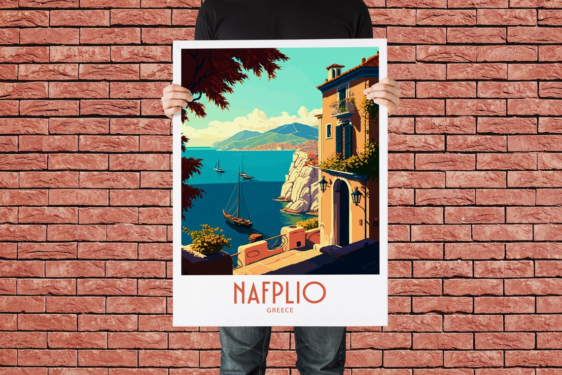 Nafplio Greece Cliffside Terrace Sailboat Retro Travel Poster - Image 2