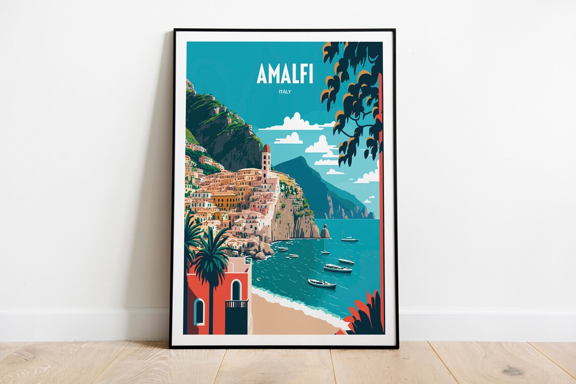 Amalfi Coast Travel Poster, Retro Italian Seaside