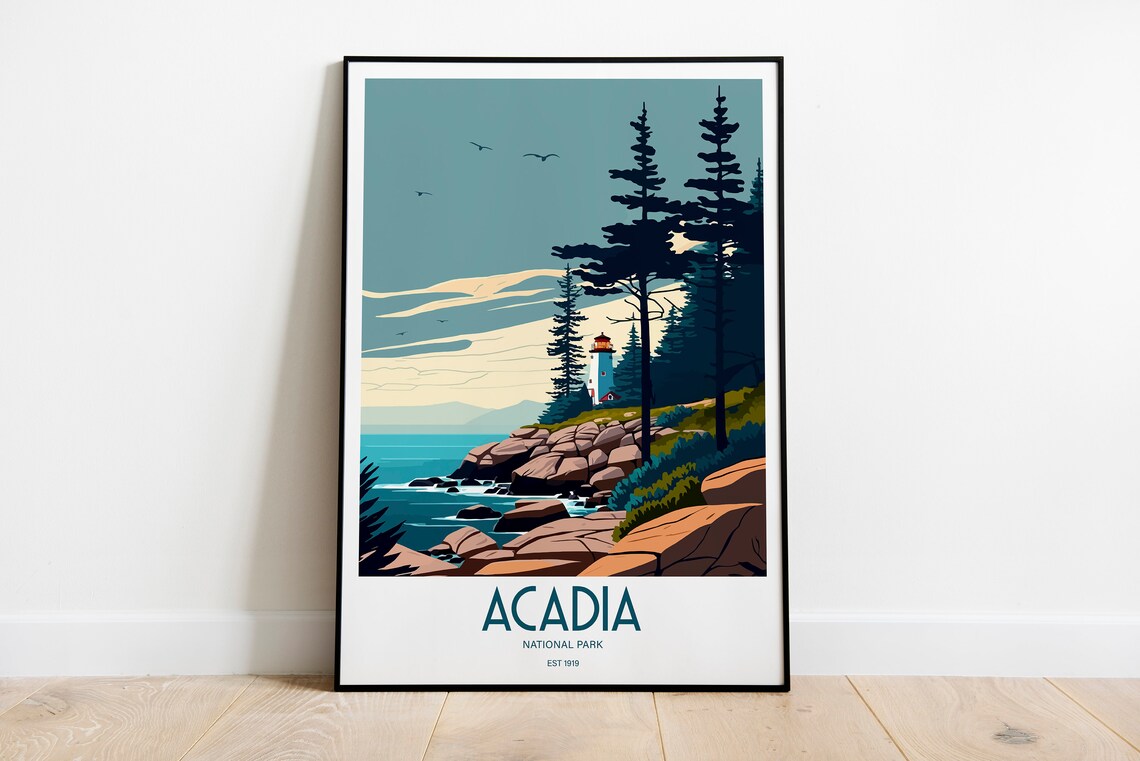 Acadia National Park Maine Lighthouse Coast Vintage Travel Poster