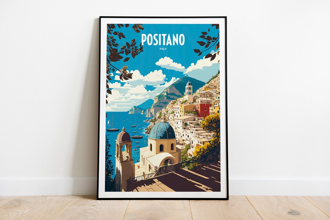 Positano Italy Vintage Travel Poster, Italian Village