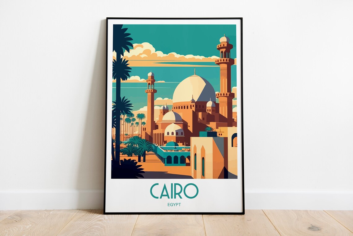 Cairo Egypt Mosque Domes Minarets Palm Trees Vintage Travel Poster