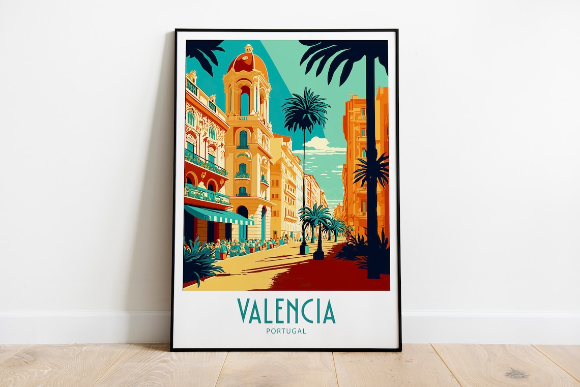 Valencia Portugal Palm Boulevard Tower Vintage Travel Poster