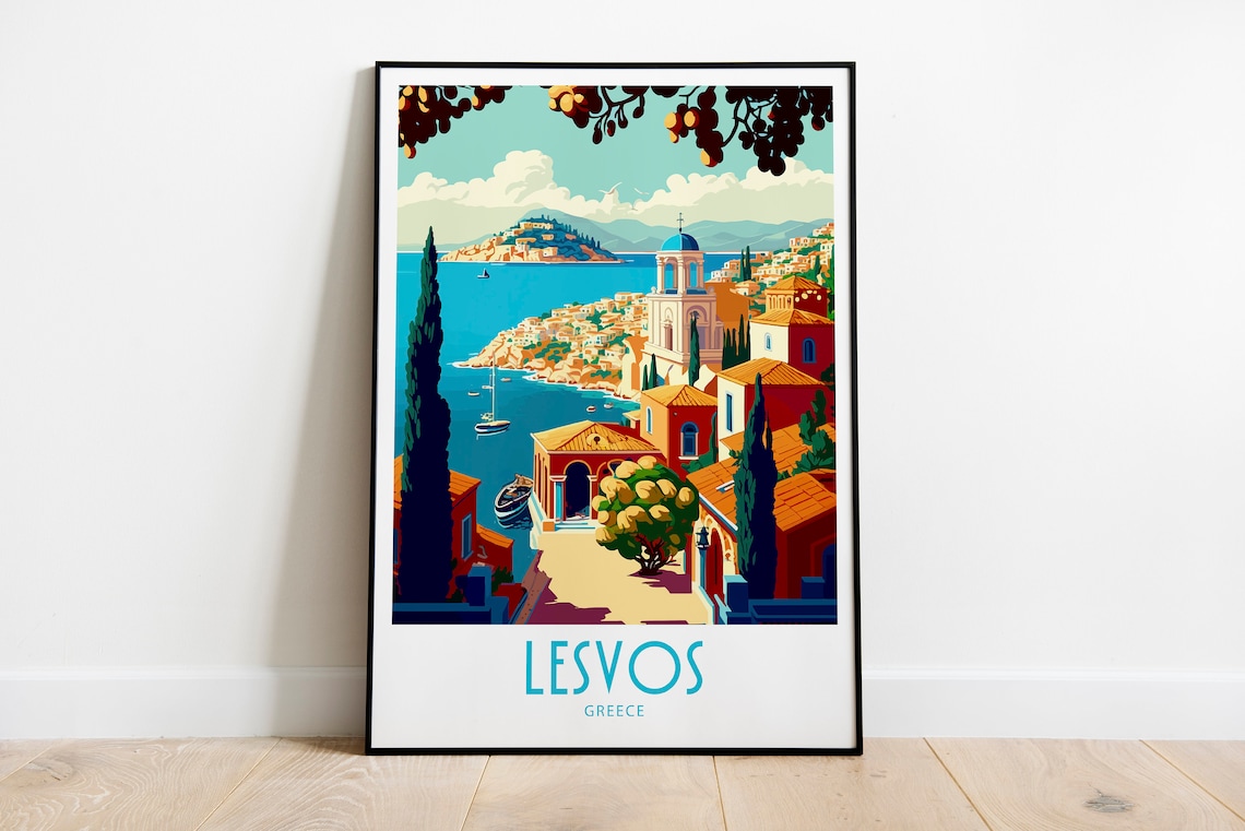 Lesvos Greece Island Harbor Bell Tower Vintage Travel Poster