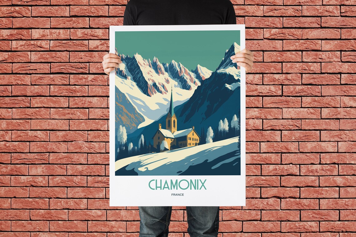 Chamonix France Snow Peaks Village Church Vintage Travel Poster - Image 3