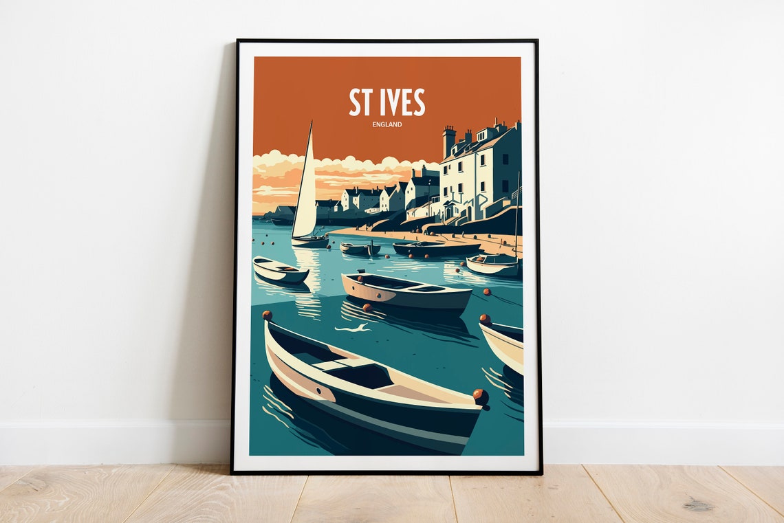 St Ives England Harbor Sunset Sailboat Top Text Vintage Travel Poster
