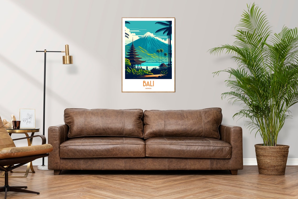 Bali Indonesia Temple Volcano Tropical Vintage Travel Art Poster - Image 3