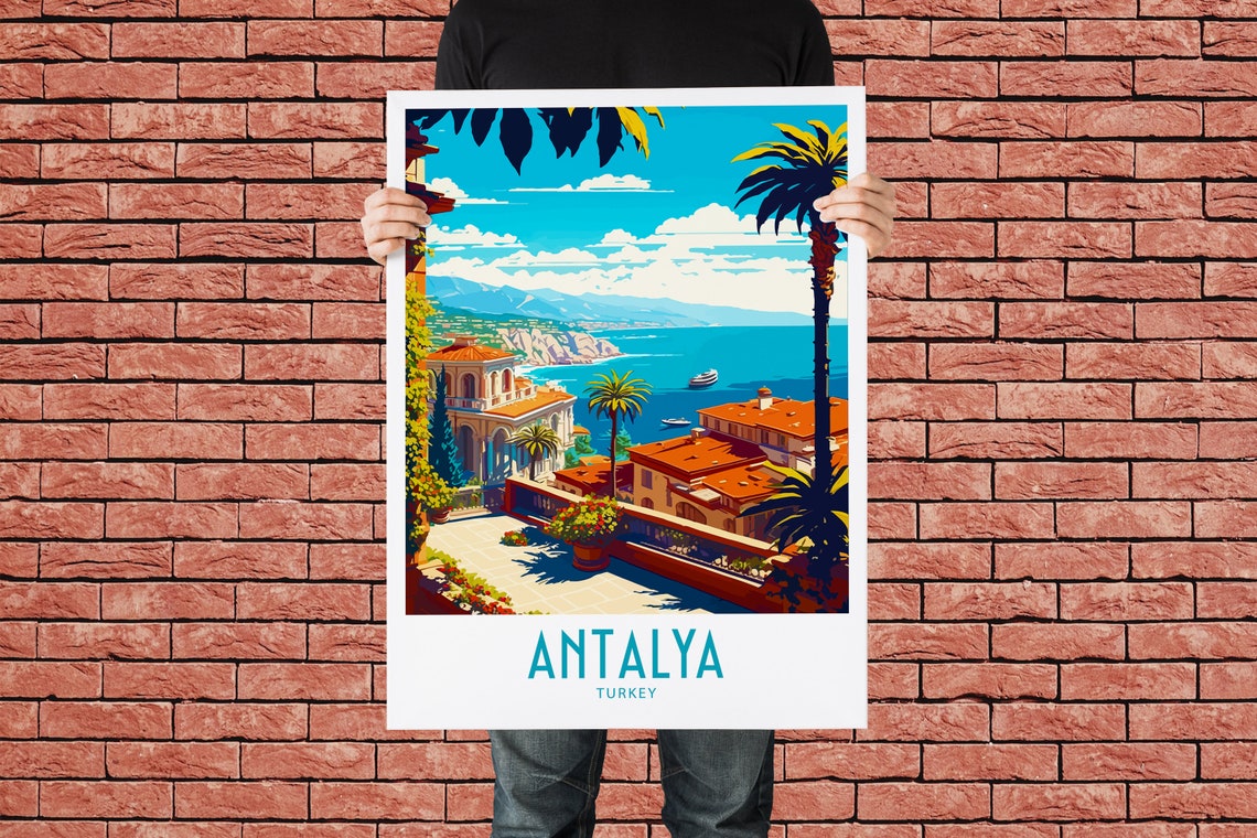 Antalya Turkey Seaside Terrace Bay Palms Vintage Travel Poster - Image 2