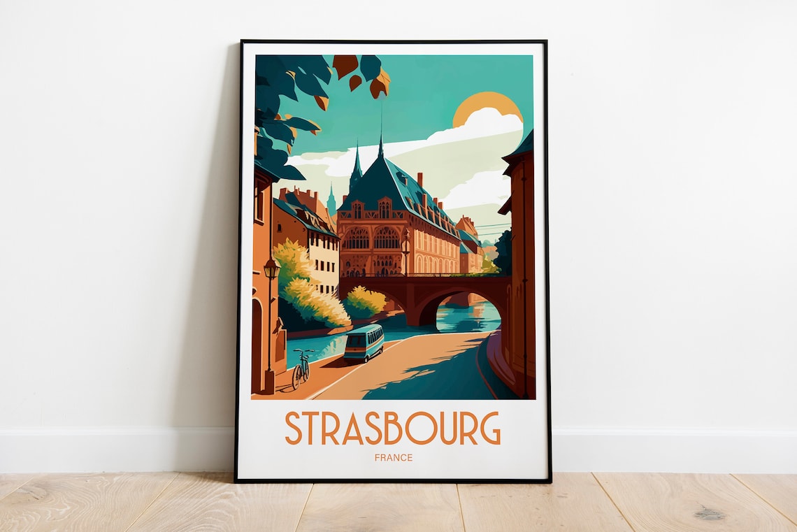 Strasbourg France Canal Bridge Historic Quarter Travel Poster Art