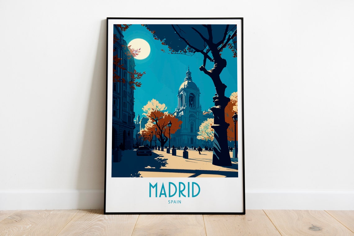 Madrid Spain Moonlit Evening Cathedral Street Vintage Travel Poster