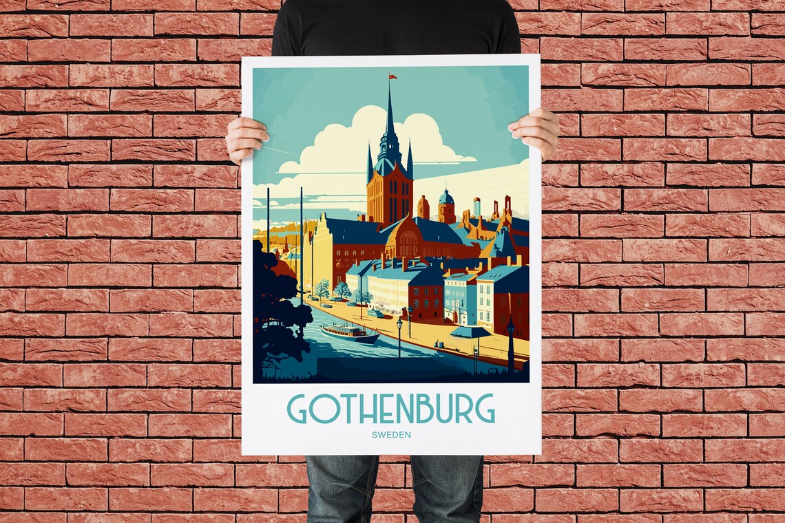 Gothenburg Sweden Harbor Church Spire Canal Boat Travel Poster - Image 2