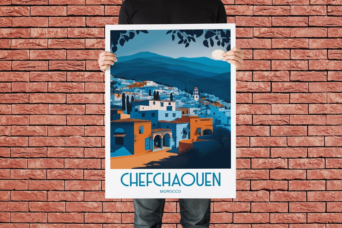 Chefchaouen Morocco Blue City Hills Moon Vintage Travel Art Poster - Image 3