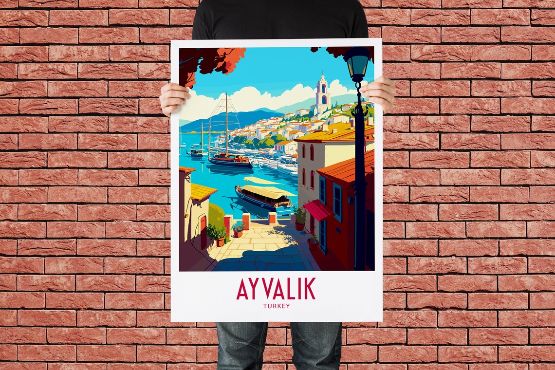 Ayvalik Turkey Sunny Harbor Boats Bell Tower Vintage Travel Poster - Image 2