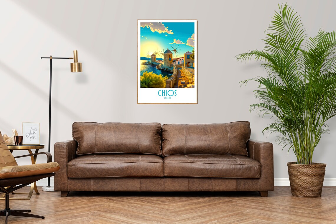 Chios Greece Stone Causeway Windmills Sunrise Vintage Travel Poster - Image 3