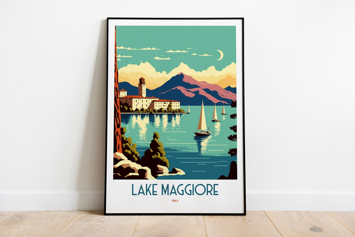 Lake Maggiore Italy Sailboats Mountain Lake Vintage Travel Poster