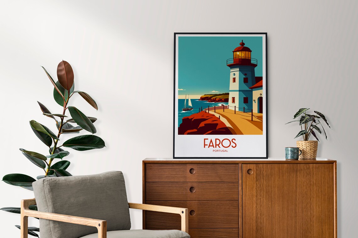Faros Portugal Lighthouse Red Cliff Sailboat Vintage Travel Poster - Image 3